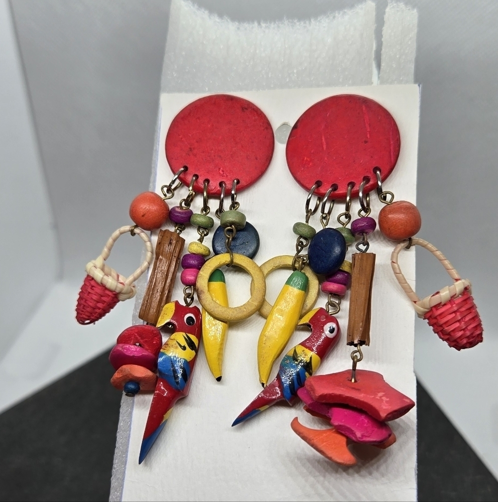 Artisan Colorful Parrot Banana Beads Wooden Dangle Earrings - Picture 12 of 15